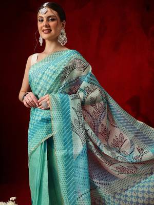 Sea green printed cotton blend ethnic saree with blouse piece 4