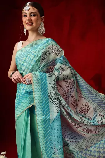 Sea green printed cotton blend ethnic saree with blouse piece