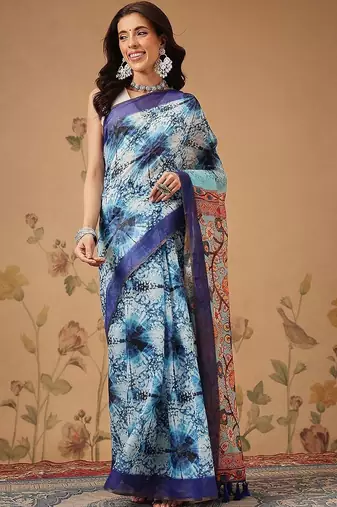 Blue printed cotton blend ethnic saree with blouse piece