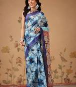 Blue printed cotton blend ethnic saree with blouse piece