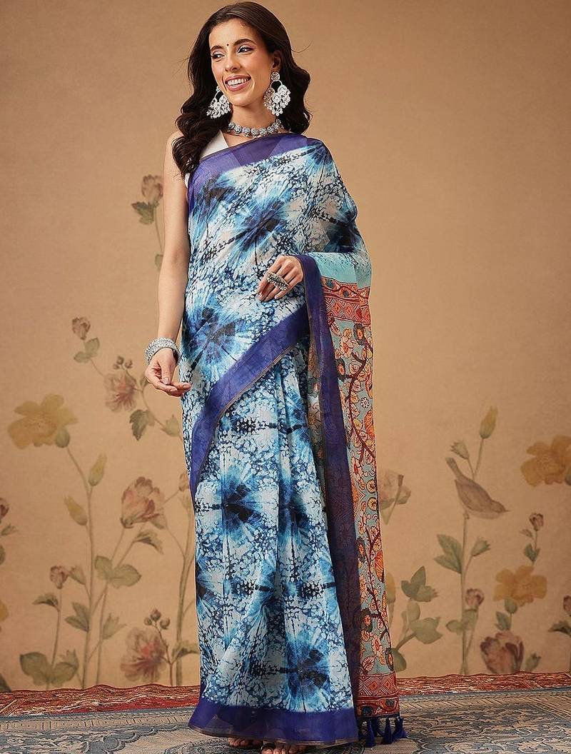 Blue printed cotton blend ethnic saree with blouse piece
