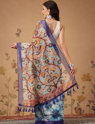 Blue printed cotton blend ethnic saree with blouse piece 2