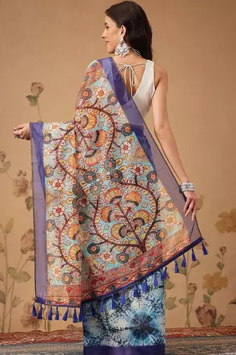 Blue printed cotton blend ethnic saree with blouse piece