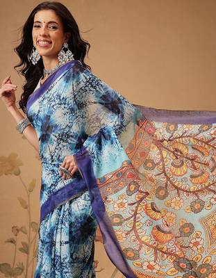 Blue printed cotton blend ethnic saree with blouse piece 3