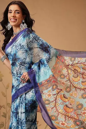 Blue printed cotton blend ethnic saree with blouse piece