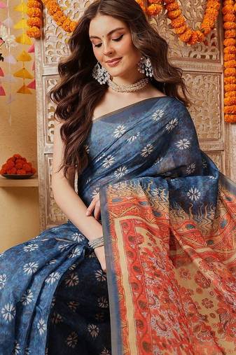 Blue printed cotton blend ethnic saree with blouse piece
