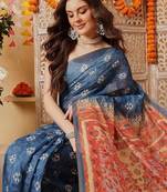 Blue printed cotton blend ethnic saree with blouse piece