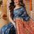 Blue printed cotton blend ethnic saree with blouse piece