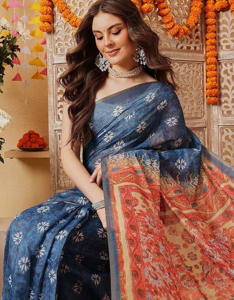 Blue printed cotton blend ethnic saree with blouse piece