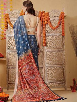 Blue printed cotton blend ethnic saree with blouse piece 2