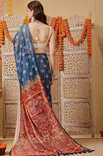 Blue printed cotton blend ethnic saree with blouse piece