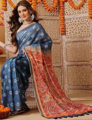 Blue printed cotton blend ethnic saree with blouse piece 3