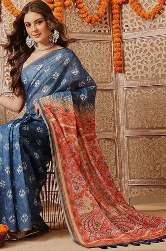 Blue printed cotton blend ethnic saree with blouse piece