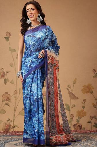 Blue printed cotton blend ethnic saree with blouse piece