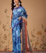 Blue printed cotton blend ethnic saree with blouse piece