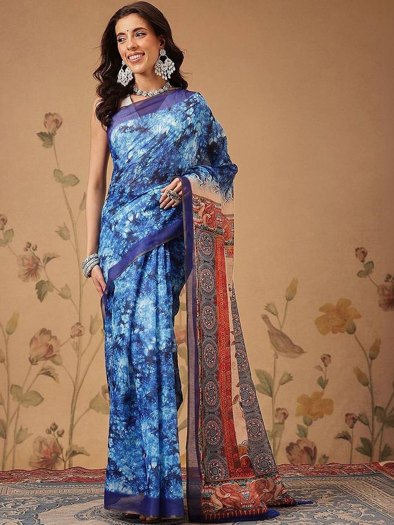 Blue printed cotton blend ethnic saree with blouse piece
