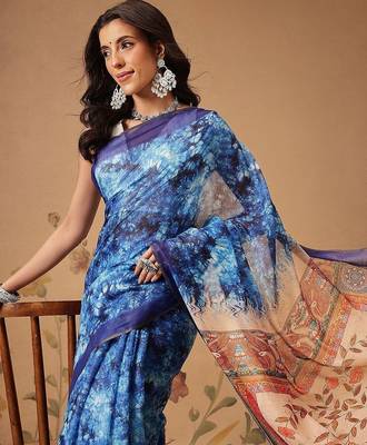 Blue printed cotton blend ethnic saree with blouse piece 2