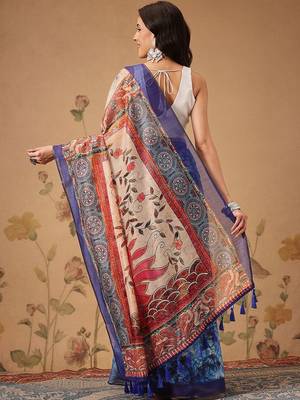 Blue printed cotton blend ethnic saree with blouse piece 3
