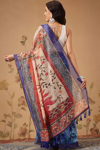 Blue printed cotton blend ethnic saree with blouse piece