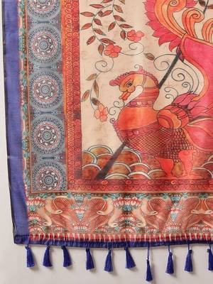 Blue printed cotton blend ethnic saree with blouse piece 4