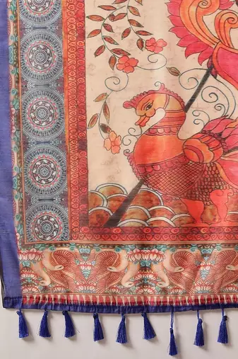 Blue printed cotton blend ethnic saree with blouse piece