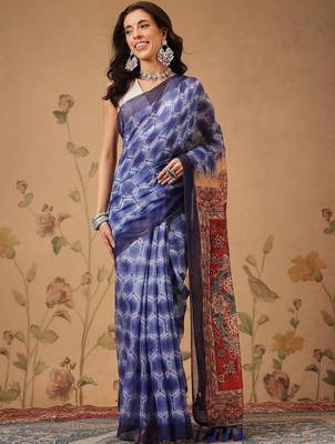 Blue printed cotton blend ethnic saree with blouse piece 1