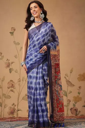 Blue printed cotton blend ethnic saree with blouse piece