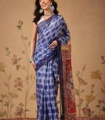 Blue printed cotton blend ethnic saree with blouse piece