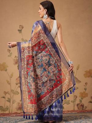 Blue printed cotton blend ethnic saree with blouse piece 2