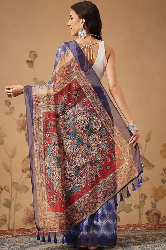 Blue printed cotton blend ethnic saree with blouse piece