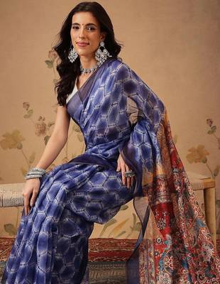 Blue printed cotton blend ethnic saree with blouse piece 3