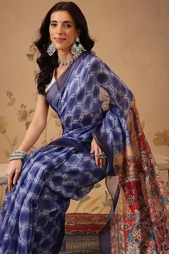 Blue printed cotton blend ethnic saree with blouse piece