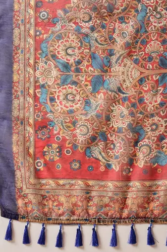 Blue printed cotton blend ethnic saree with blouse piece