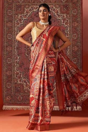 Red printed art silk ethnic saree with blouse piece