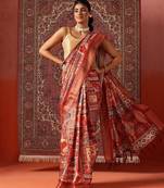 Red printed art silk ethnic saree with blouse piece