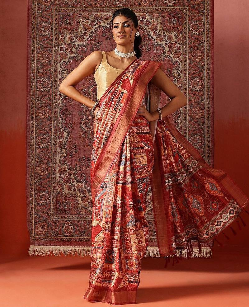 Red printed art silk ethnic saree with blouse piece
