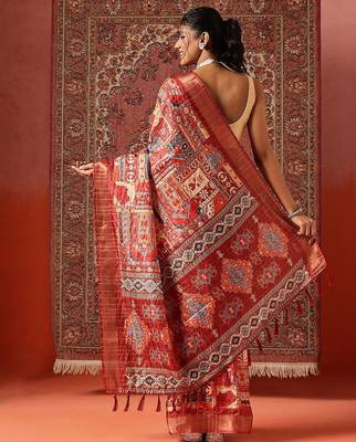Red printed art silk ethnic saree with blouse piece 2