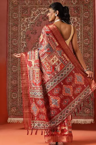 Red printed art silk ethnic saree with blouse piece