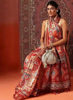 Red printed art silk ethnic saree with blouse piece 3