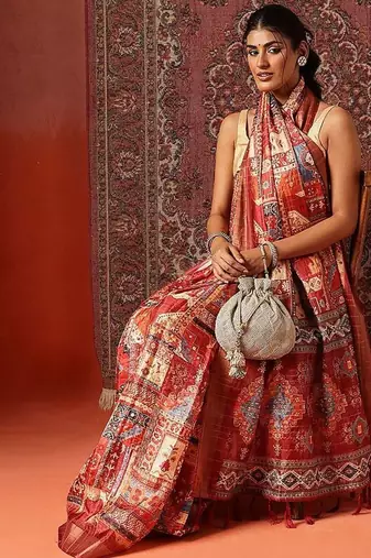 Red printed art silk ethnic saree with blouse piece
