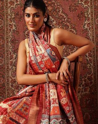 Red printed art silk ethnic saree with blouse piece 4