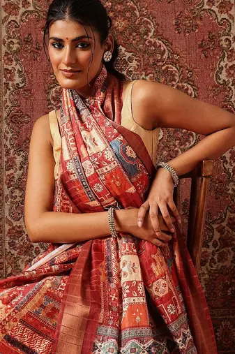 Red printed art silk ethnic saree with blouse piece