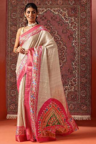 Cream printed art silk ethnic saree with blouse piece