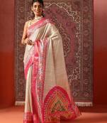 Cream printed art silk ethnic saree with blouse piece