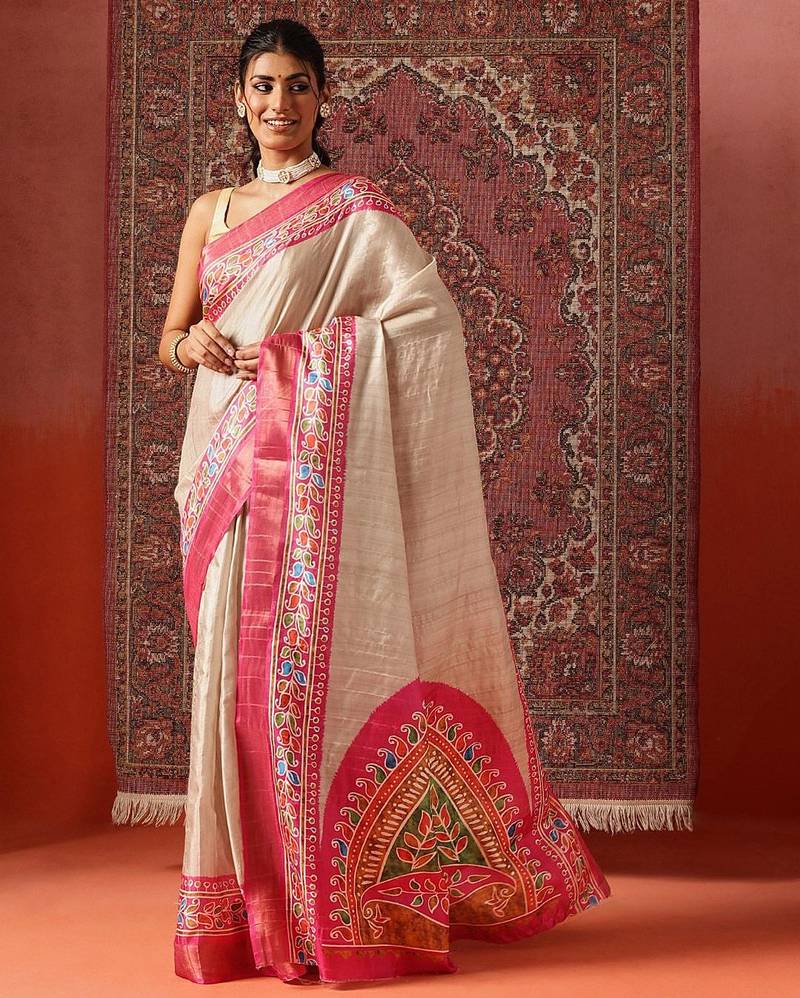 Cream printed art silk ethnic saree with blouse piece