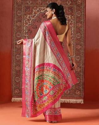 Cream printed art silk ethnic saree with blouse piece 2