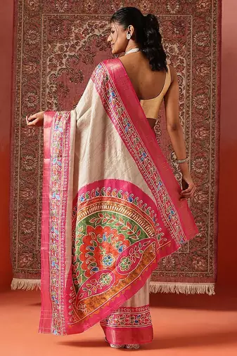 Cream printed art silk ethnic saree with blouse piece