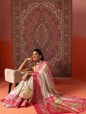 Cream printed art silk ethnic saree with blouse piece 3