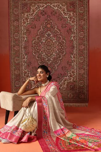 Cream printed art silk ethnic saree with blouse piece