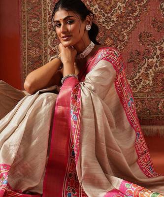 Cream printed art silk ethnic saree with blouse piece 4